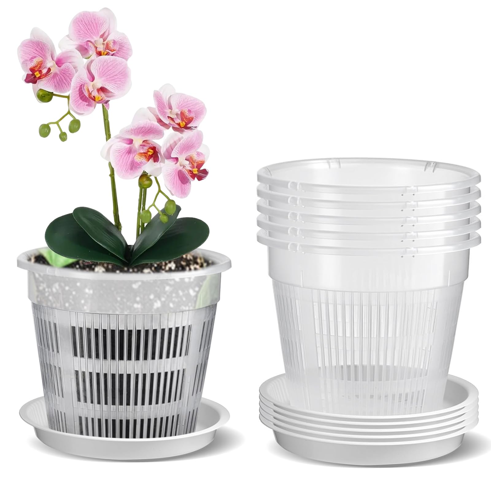 5 Stück Orchideentöpfe Transparent 14cm, für Orchideen-Umtopf-Set, Atmungsaktive Kunststofftopf mit Ablauflöchern für Wu